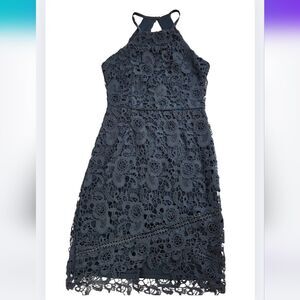 Francesca’s S Blue Halter Dress Mid Thigh Length Lined Open Back Lace H-3087